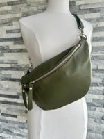Load image into Gallery viewer, lusciousscarves Khaki Green Italian Leather Large Sling Bag / Chest Bag.
