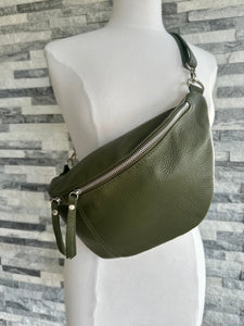 lusciousscarves Khaki Green Italian Leather Large Sling Bag / Chest Bag.