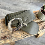 Load image into Gallery viewer, lusciousscarves Khaki Green Ladies Faux Leather Stretchy Waist Belt with Chrome Loop and Hook.
