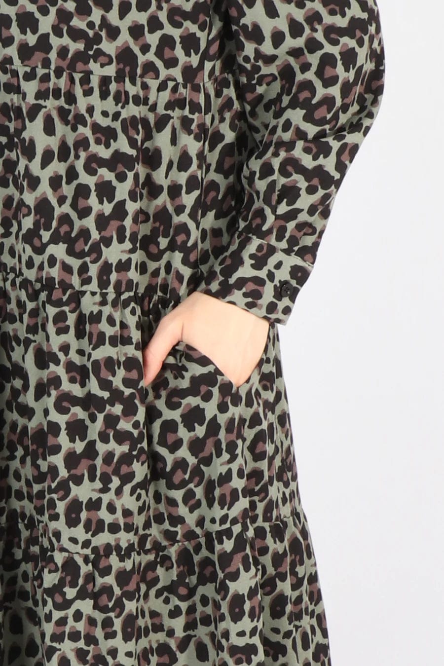 lusciousscarves Khaki Leopard Print Ruffle Grandad Collar Tiered Dress