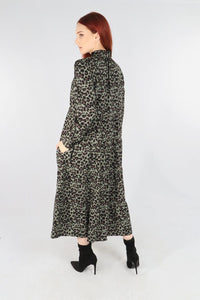 lusciousscarves Khaki Leopard Print Ruffle Grandad Collar Tiered Dress