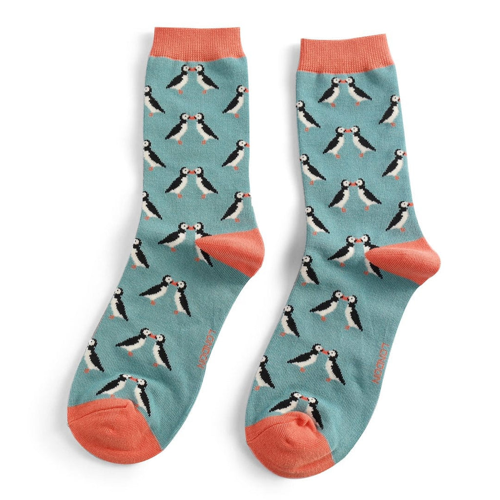 lusciousscarves Kissing Puffins Design Bamboo Socks Ladies Miss Sparrow Duck Egg