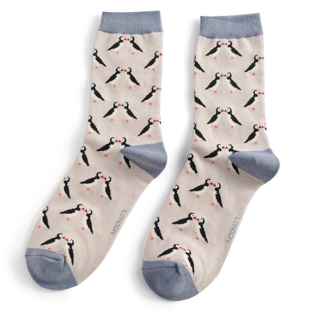 lusciousscarves Kissing Puffins Design Bamboo Socks Ladies Miss Sparrow Silver Grey