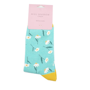 lusciousscarves Ladies Aqua Blue Bamboo Socks with a Daisy Design, Miss Sparrow
