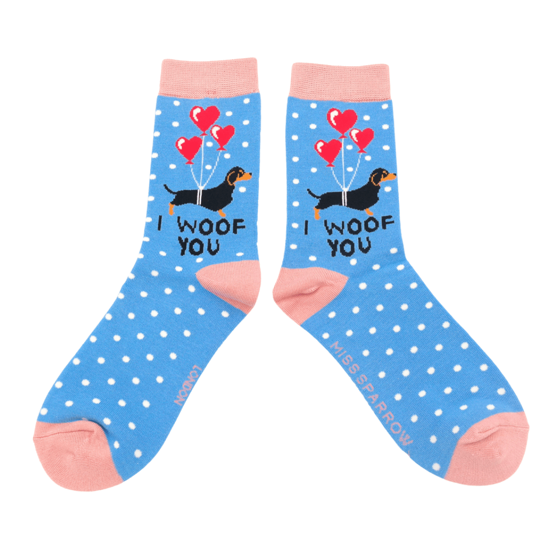lusciousscarves Ladies Bamboo Socks, Miss Sparrow, I woof You Hearts Design Blue