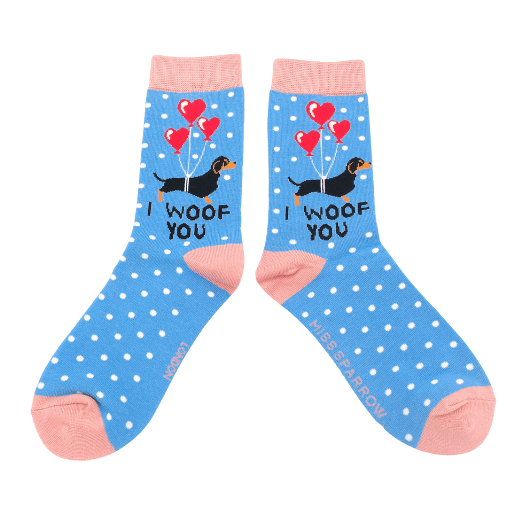 lusciousscarves Ladies Bamboo Socks, Miss Sparrow, I woof You Hearts Design Blue