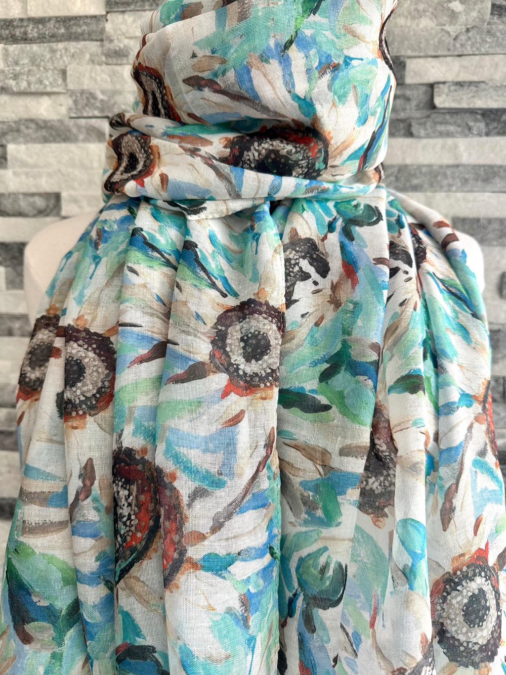 lusciousscarves Ladies Blue and Turquoise Sunflowers Design Scarf.