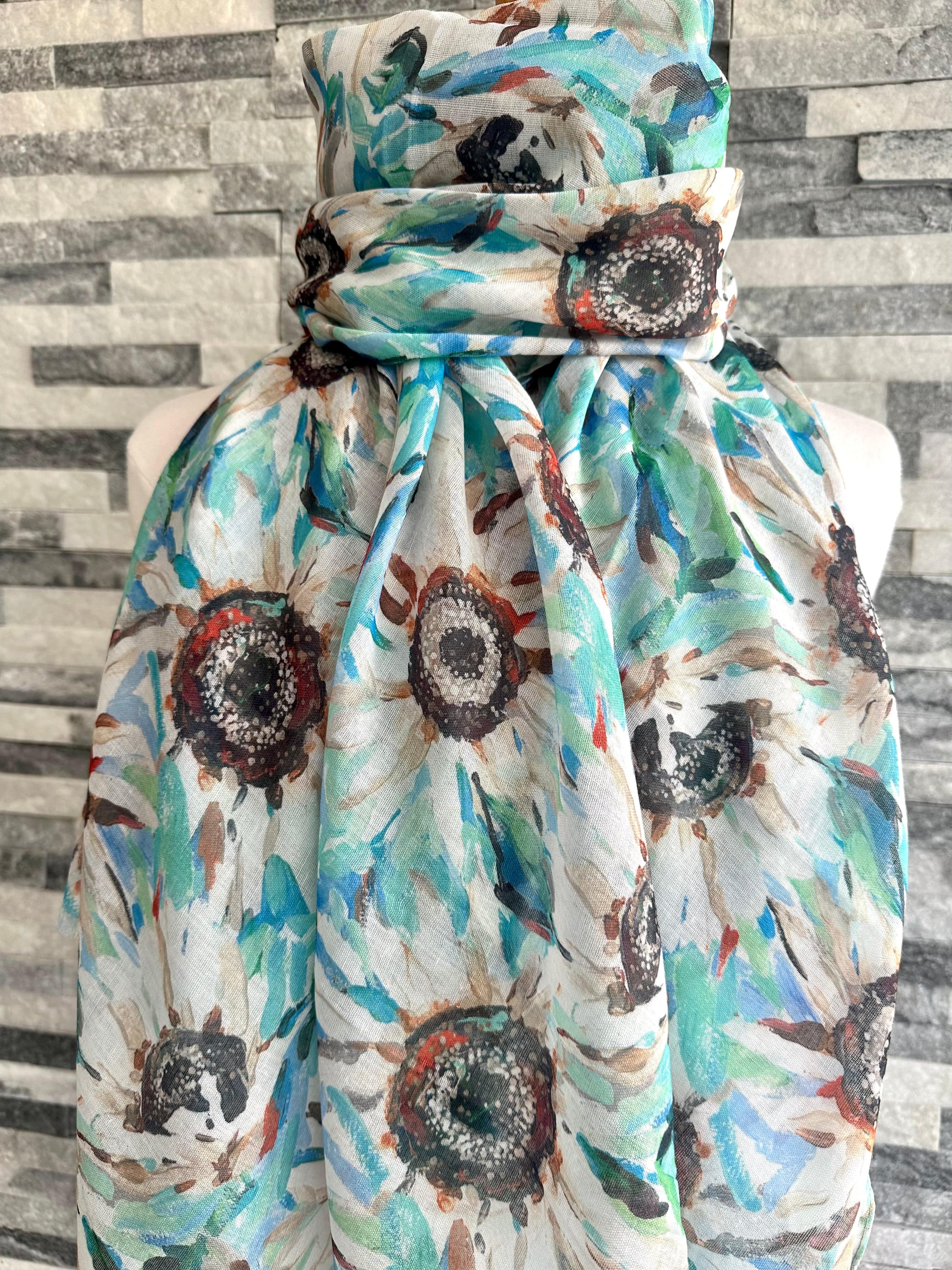 lusciousscarves Ladies Blue and Turquoise Sunflowers Design Scarf.