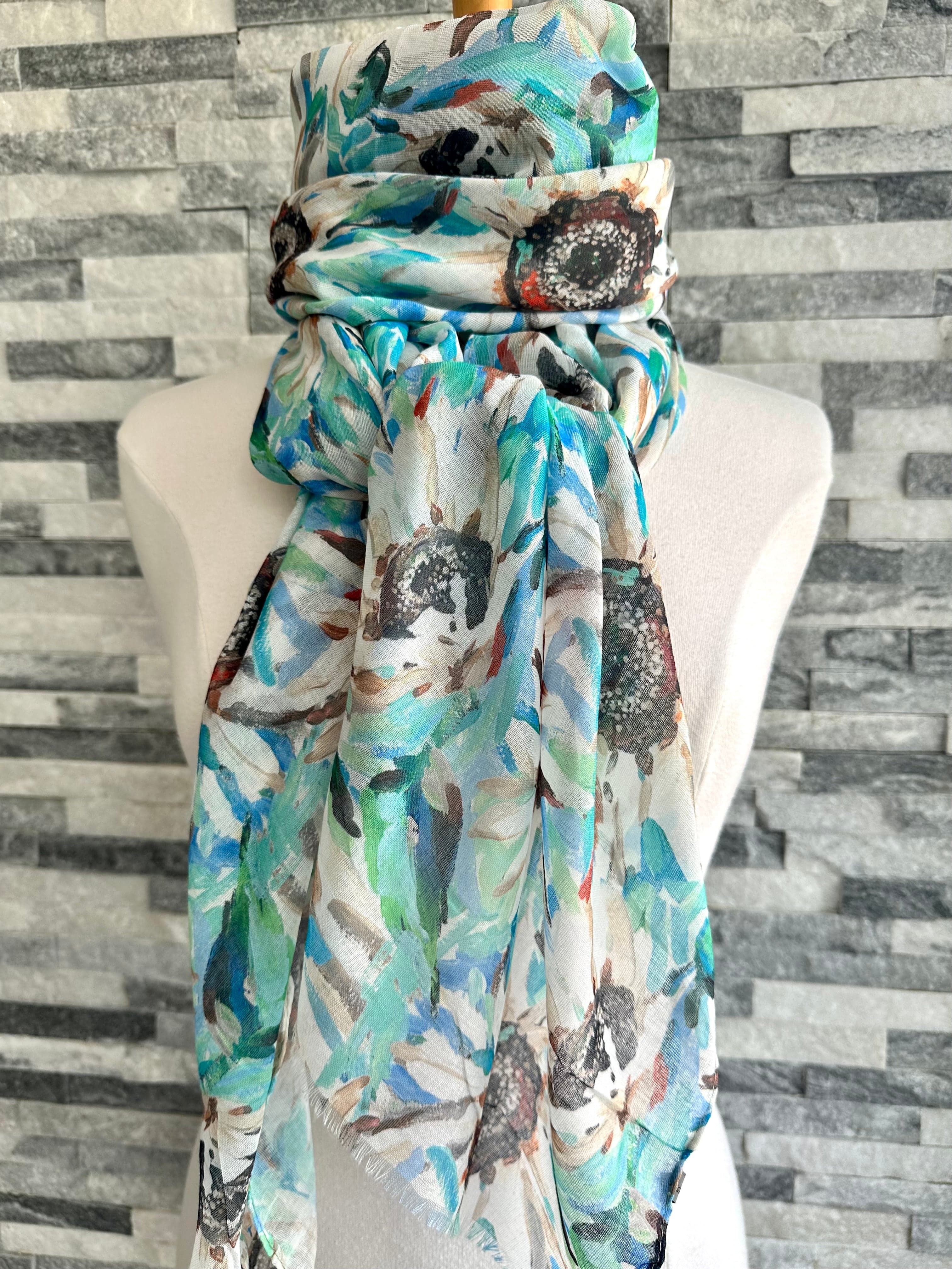 lusciousscarves Ladies Blue and Turquoise Sunflowers Design Scarf.