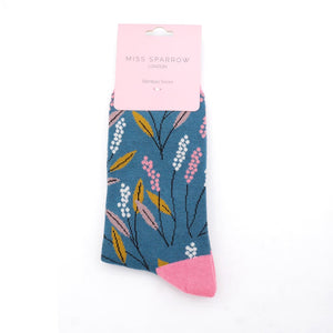 lusciousscarves Ladies Blue Bamboo Socks with a Berry Branches Design, Miss Sparrow