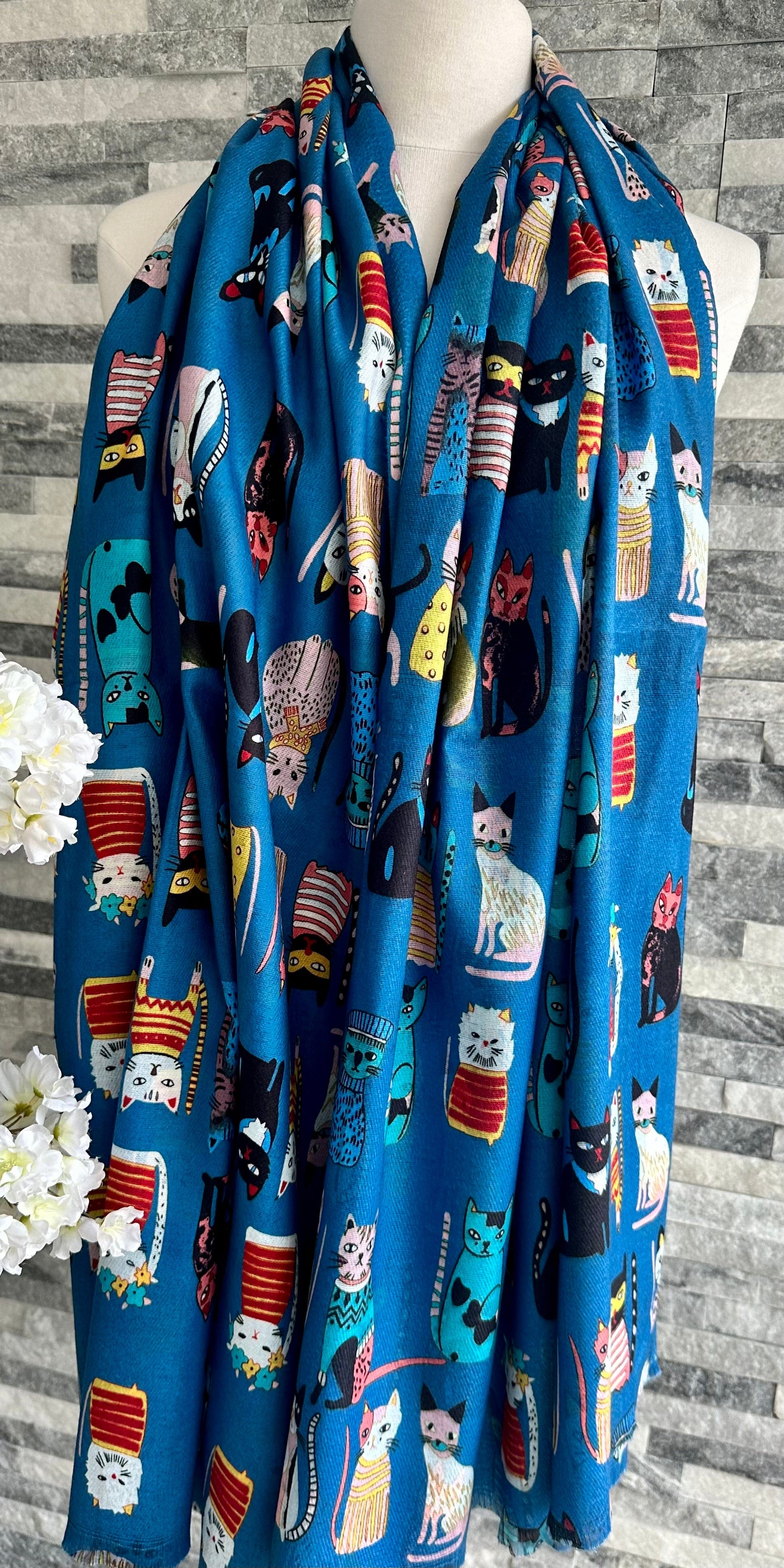 lusciousscarves Ladies Blue Scarf with Colourful Cats Design, Cotton Blend