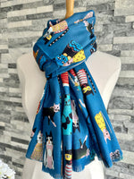 Load image into Gallery viewer, lusciousscarves Ladies Blue Scarf with Colourful Cats Design, Cotton Blend

