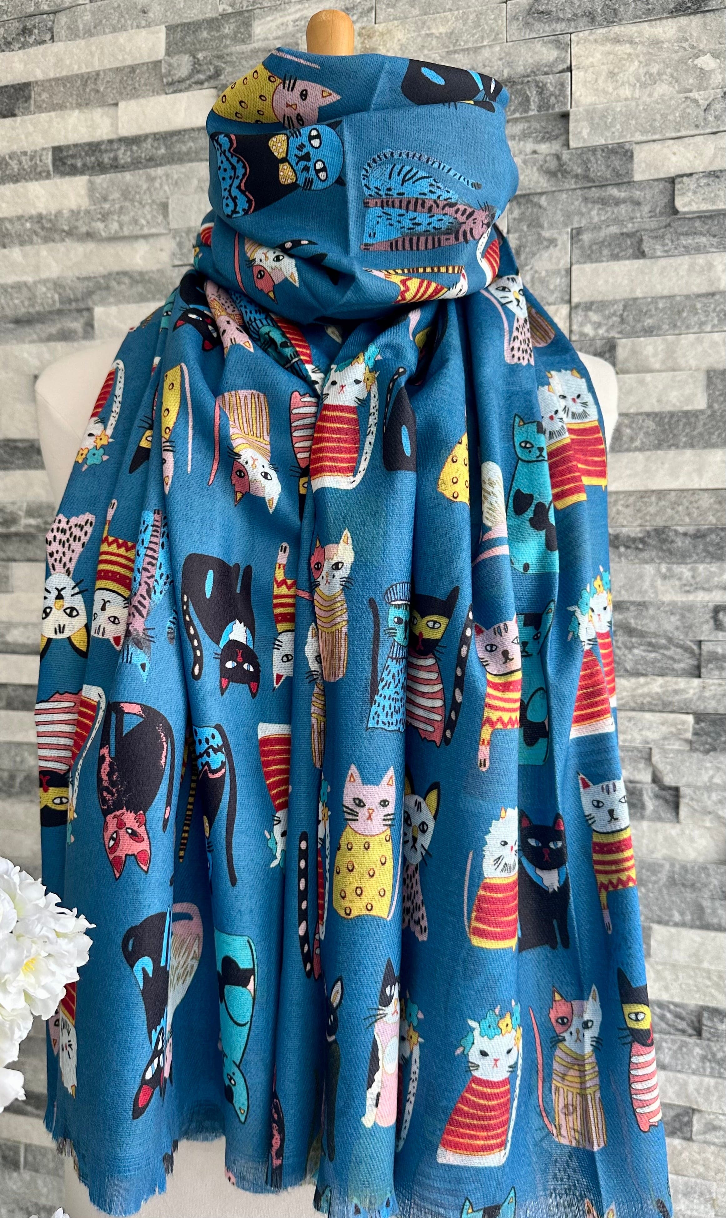 lusciousscarves Ladies Blue Scarf with Colourful Cats Design, Cotton Blend