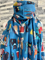 Load image into Gallery viewer, lusciousscarves Ladies Blue Scarf with Colourful Cats Design, Cotton Blend
