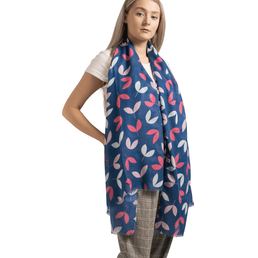 lusciousscarves Ladies Blue Scarf with Pink and Grey Leaves