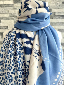 lusciousscarves Ladies Blue Tiger and Leopard Print Scarf.