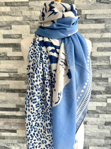 lusciousscarves Ladies Blue Tiger and Leopard Print Scarf.