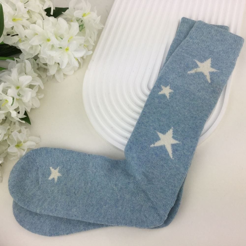 lusciousscarves Ladies Blue Wool Blend Long Socks with White Stars Design 4-8