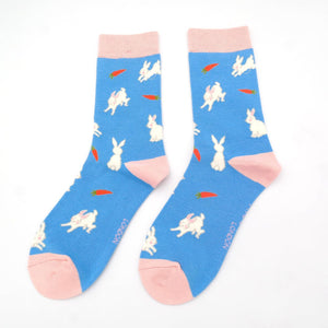 lusciousscarves Ladies Bunny Rabbits and Carrots Bamboo Socks, Miss Sparrow, Blue