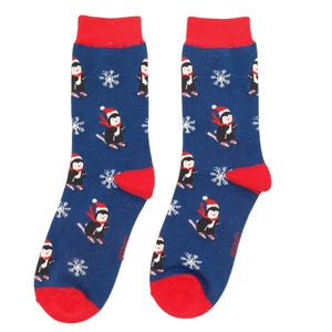lusciousscarves Ladies Christmas Penguins Design Bamboo Socks - Blue