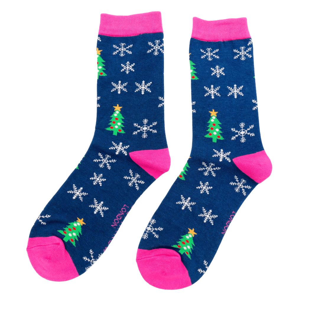 lusciousscarves Ladies Christmas Tree Design Bamboo Socks, Blue