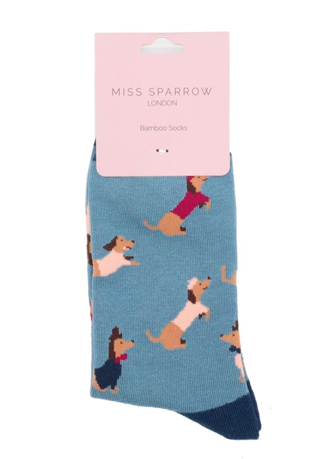 lusciousscarves Ladies Dachshund Bamboo Socks, Miss Sparrow, Blue