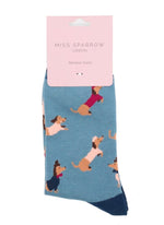 Load image into Gallery viewer, lusciousscarves Ladies Dachshund Bamboo Socks, Miss Sparrow, Blue
