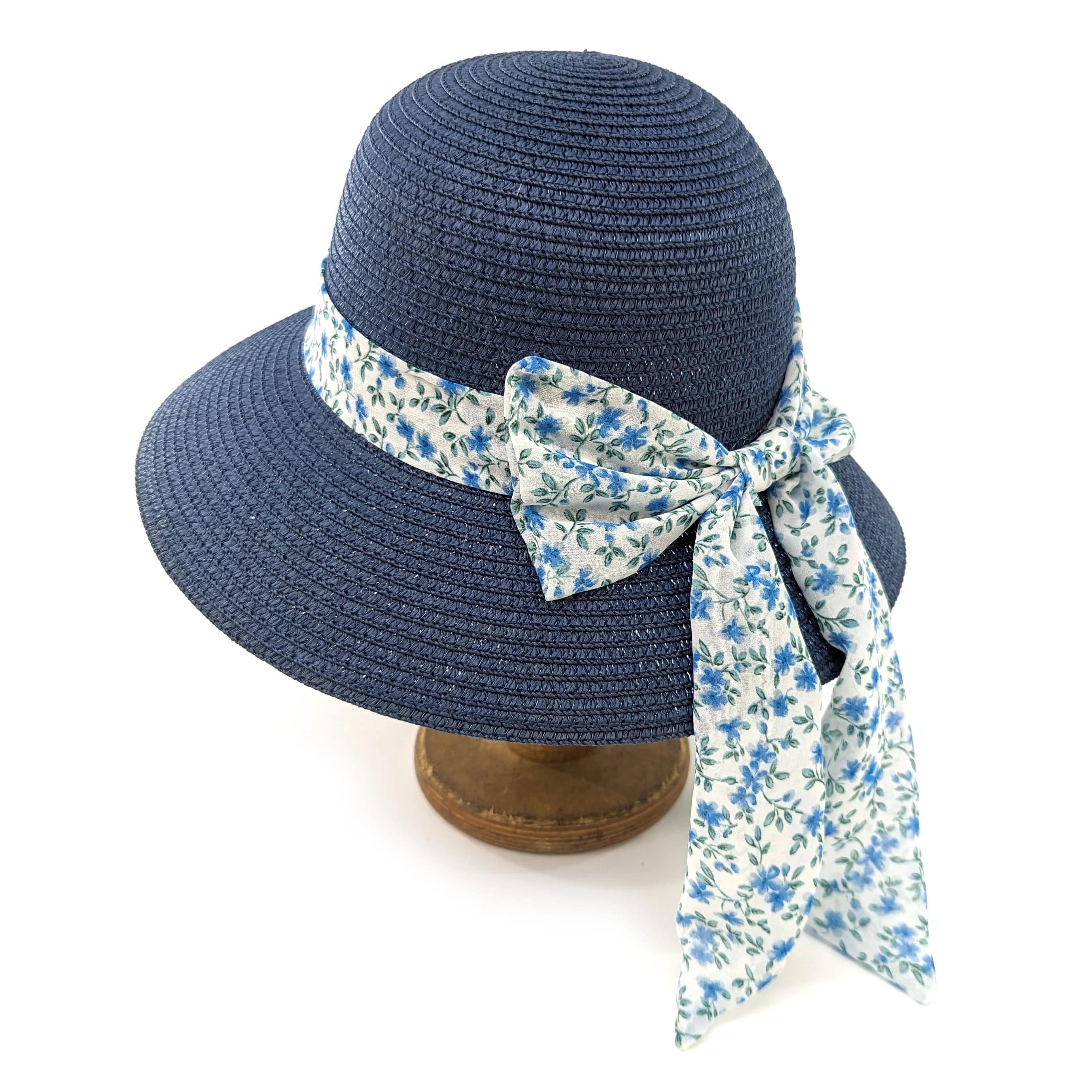 lusciousscarves Ladies Dark Blue Folding Sun Hat with a Daisy Ribbon.