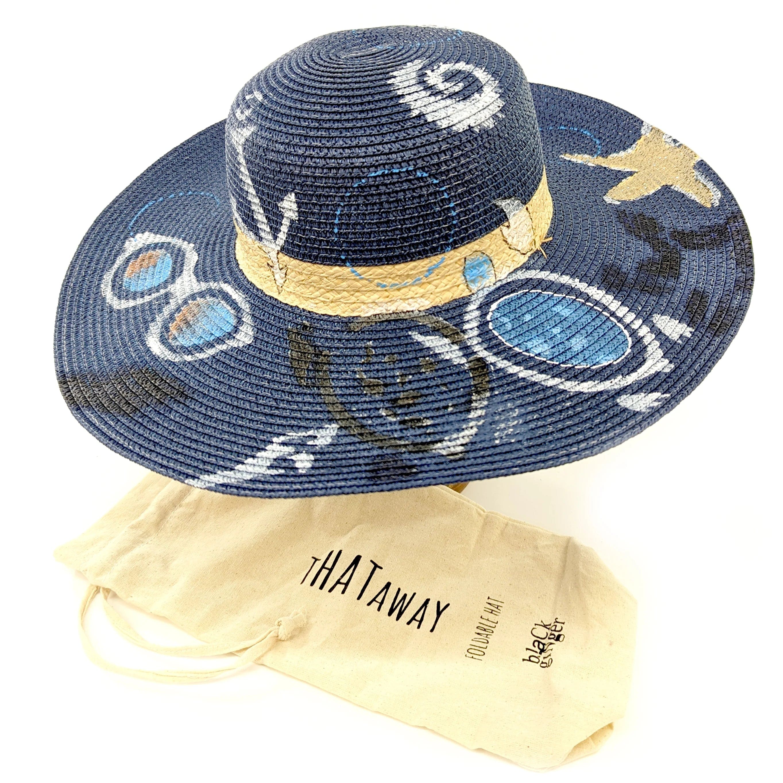 Ladies Dark Blue Seaside Print Wide Brim Foldable Packable Sun Hat wi luscious scarves