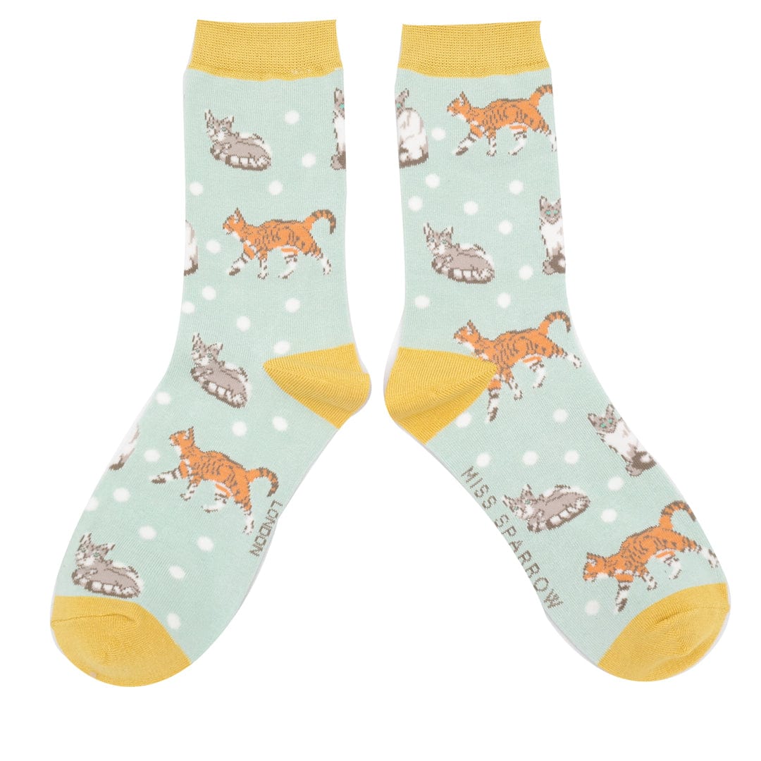 lusciousscarves Ladies Duck Egg Bamboo Socks with a Cats Design , Miss Sparrow