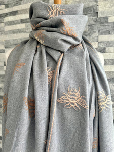 lusciousscarves Ladies Embroidered Bees Design Reversible Grey and Peach Scarf