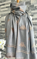 Load image into Gallery viewer, lusciousscarves Ladies Embroidered Bees Design Reversible Grey and Peach Scarf
