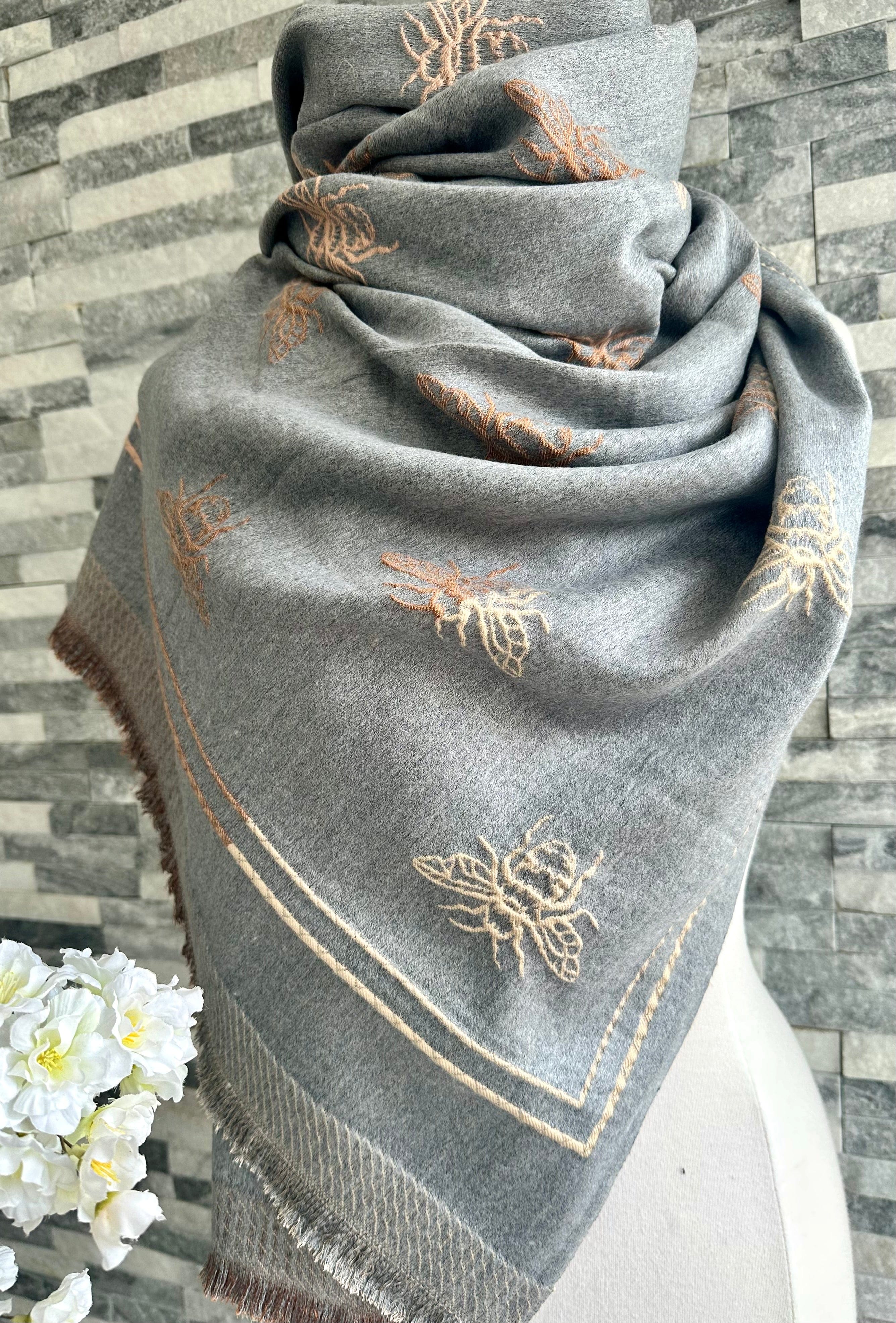 lusciousscarves Ladies Embroidered Bees Design Reversible Grey and Peach Scarf