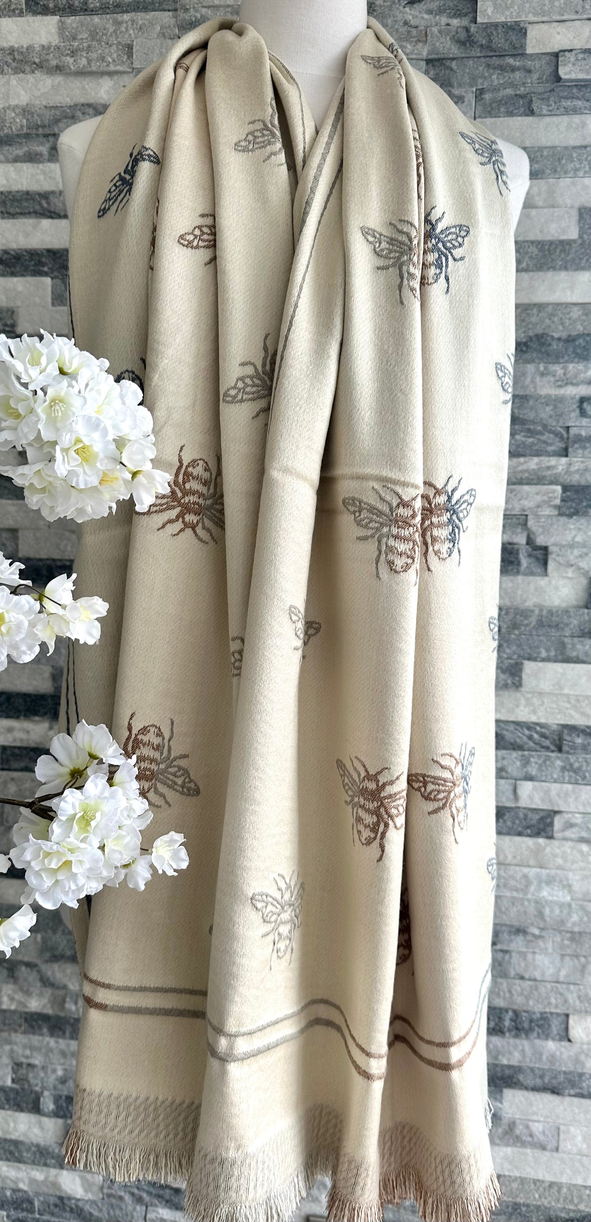 lusciousscarves Ladies Embroidered Bees Design Reversible Grey, Cream and Beige Scarf.