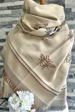 Load image into Gallery viewer, lusciousscarves Ladies Embroidered Bees Design Reversible Grey, Cream and Beige Scarf.
