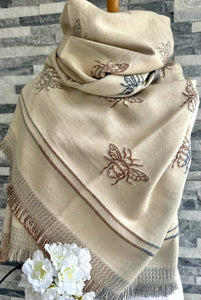 lusciousscarves Ladies Embroidered Bees Design Reversible Grey, Cream and Beige Scarf.