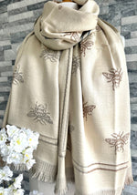 Load image into Gallery viewer, lusciousscarves Ladies Embroidered Bees Design Reversible Grey, Cream and Beige Scarf.
