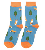 Load image into Gallery viewer, lusciousscarves Ladies Foxes and Trees Bamboo Socks, Miss Sparrow, Blue
