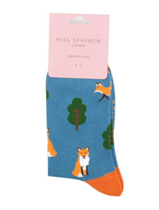 lusciousscarves Ladies Foxes and Trees Bamboo Socks, Miss Sparrow, Blue