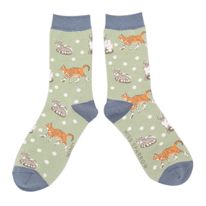 lusciousscarves Ladies Green Cats Design Bamboo Socks, Miss Sparrow