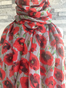lusciousscarves Ladies Grey Scarf with Vibrant Red Poppies