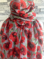 Load image into Gallery viewer, lusciousscarves Ladies Grey Scarf with Vibrant Red Poppies
