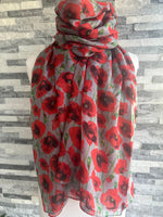 Load image into Gallery viewer, lusciousscarves Ladies Grey Scarf with Vibrant Red Poppies
