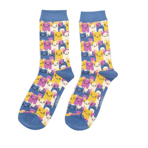 lusciousscarves Ladies Happy Cats Bamboo Socks, Miss Sparrow Yellow and Blue