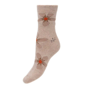 lusciousscarves Ladies Joya Flower Design Wool Blend Socks, Beige 4-7