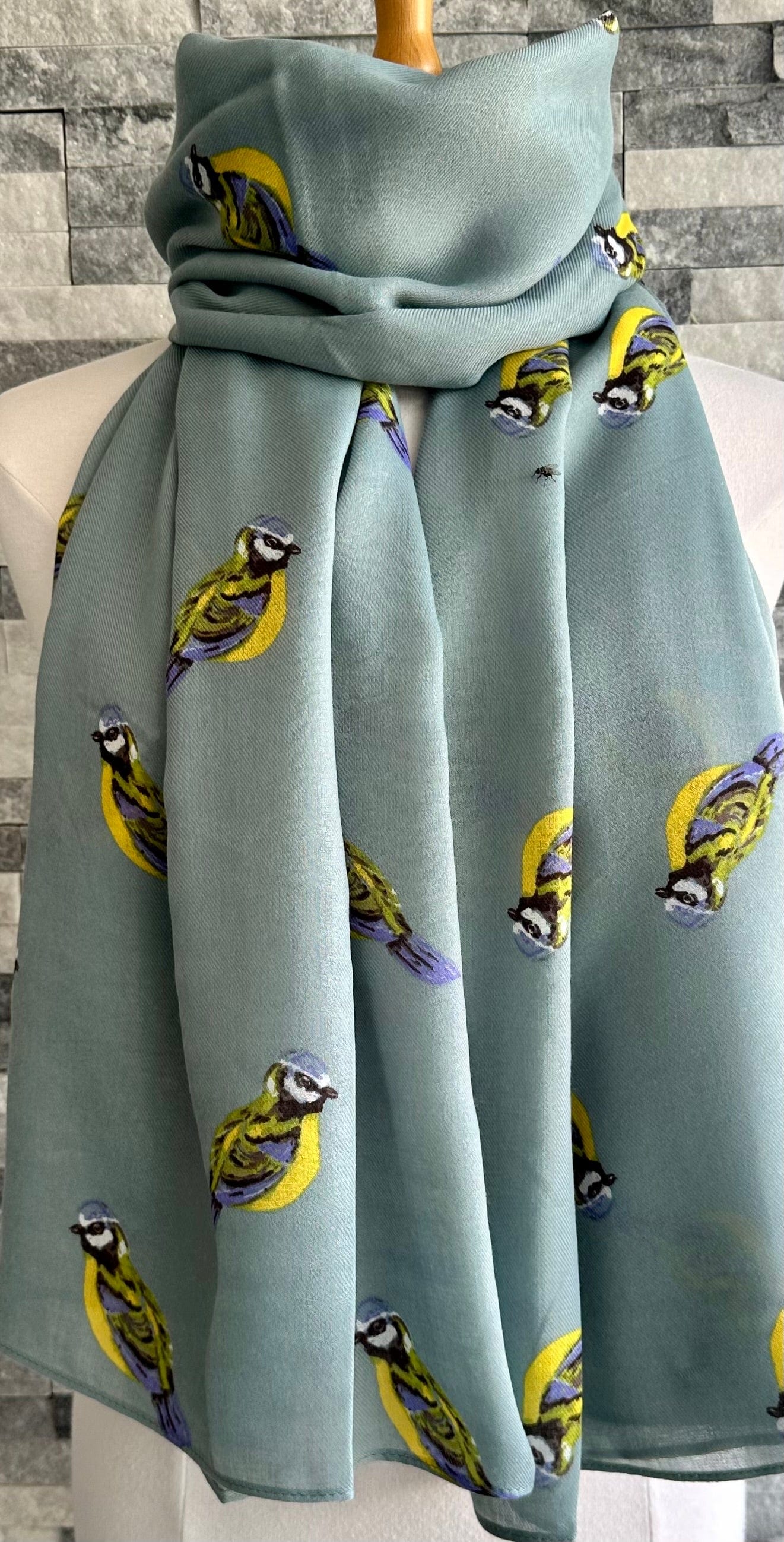 lusciousscarves Ladies Large Duck Egg Scarf with Blue Tits Design.