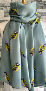 Load image into Gallery viewer, lusciousscarves Ladies Large Duck Egg Scarf with Blue Tits Design.
