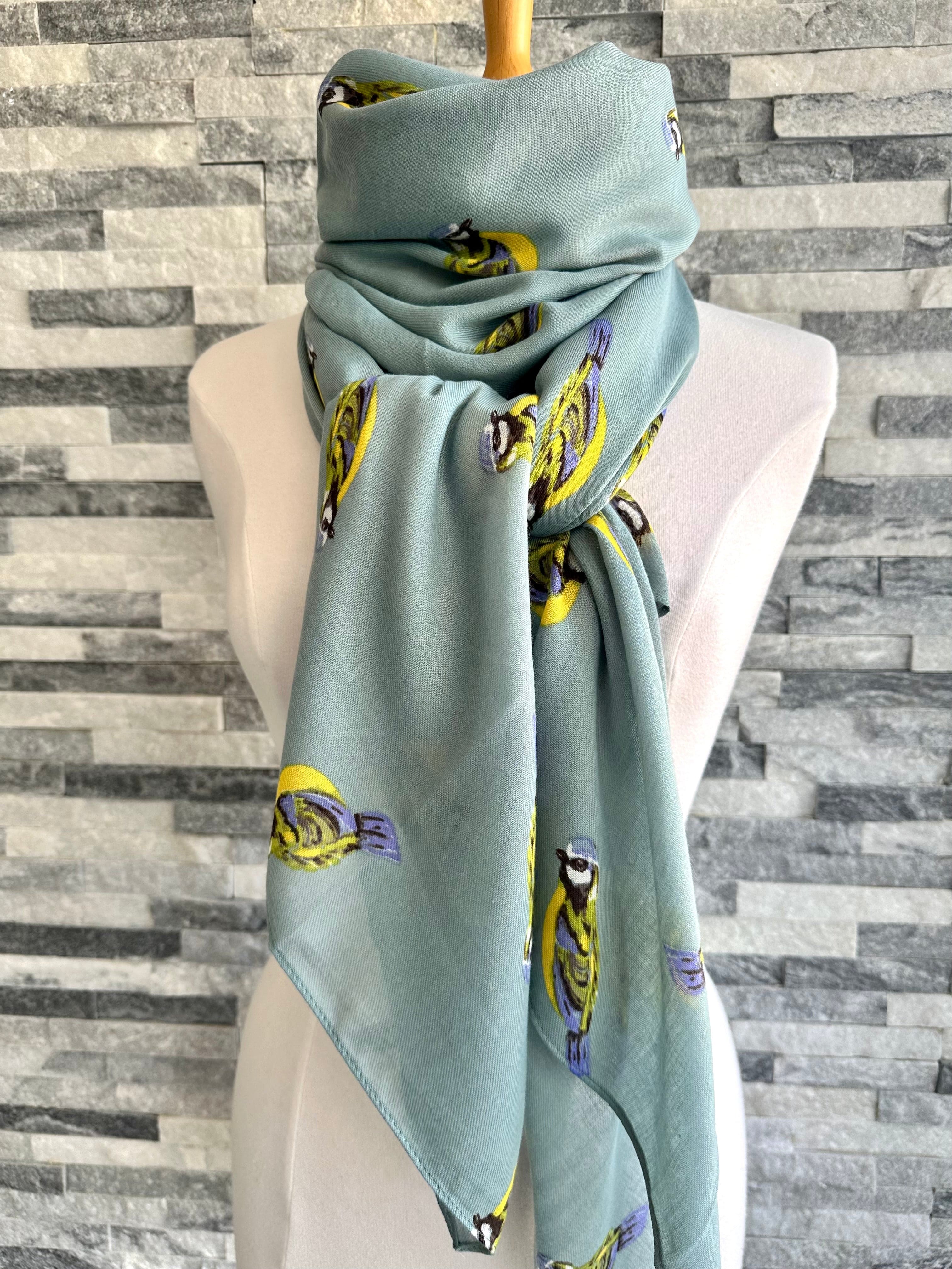 lusciousscarves Ladies Large Duck Egg Scarf with Blue Tits Design.