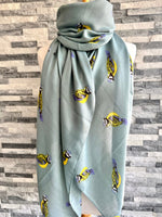 Load image into Gallery viewer, lusciousscarves Ladies Large Duck Egg Scarf with Blue Tits Design.
