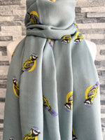 Load image into Gallery viewer, lusciousscarves Ladies Large Duck Egg Scarf with Blue Tits Design.
